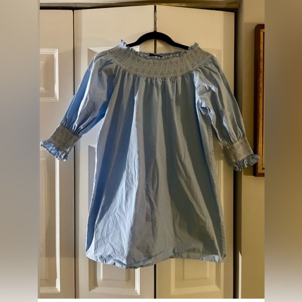 Zara Women’s Sz XS Cottagecore Cotton Blue Mini Dress W/ Smocking & Embroidery